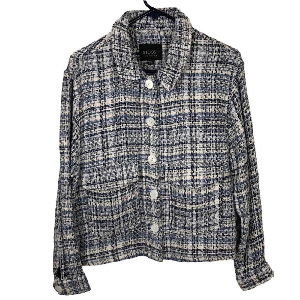STOOSH blue tweed plaid jacket w/ pearly shell buttons size Medium professional